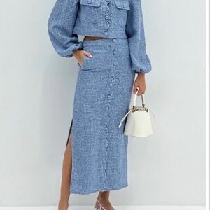 Vita Grace Adriana Scallop Button Skirt Bluebell Tweed Sequins Maxi Size L NWT